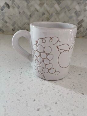 Vintage Pier 1 White Impressed Fruit Terracotta 30 Hand Painted Coffee Mug